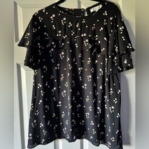 LOFT Black Floral Mixed Media Tee - XL